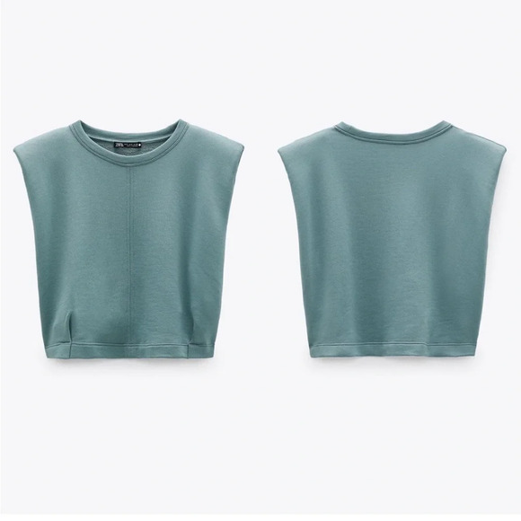 Zara Sage Green Shoulder Pad Sleeveless Cropped Muscle Tee - Picture 3 of 8